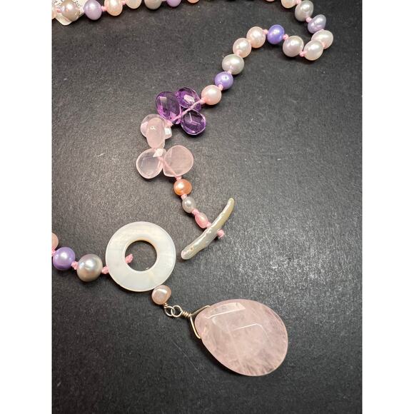 NEW multi color freshwater pearl, rose quartz and amethyst necklace - Picture 6 of 12
